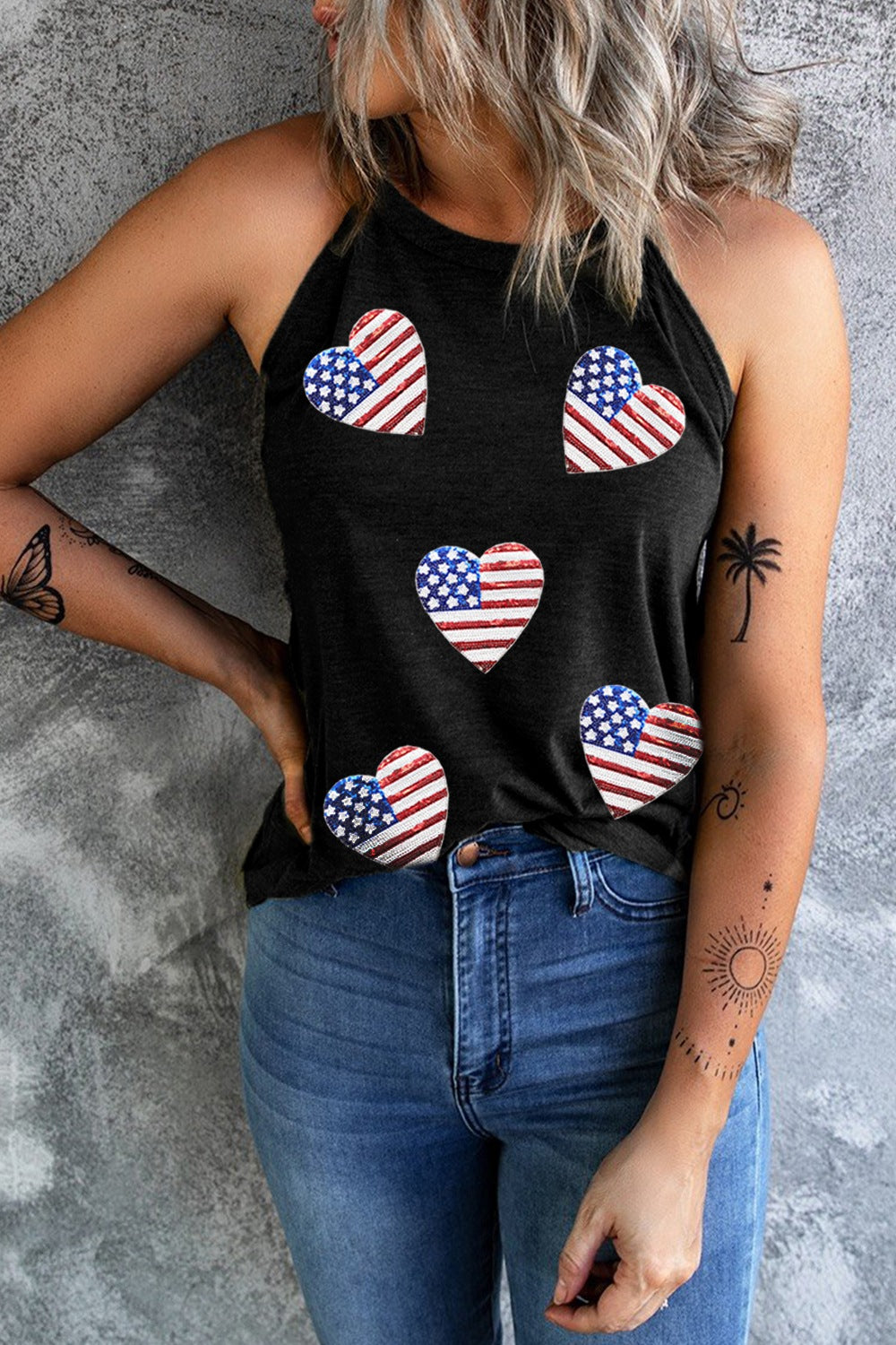 Heart US Flag Round Neck Grecian Neck Tank Heart US Flag Round Neck Grecian Neck Tank